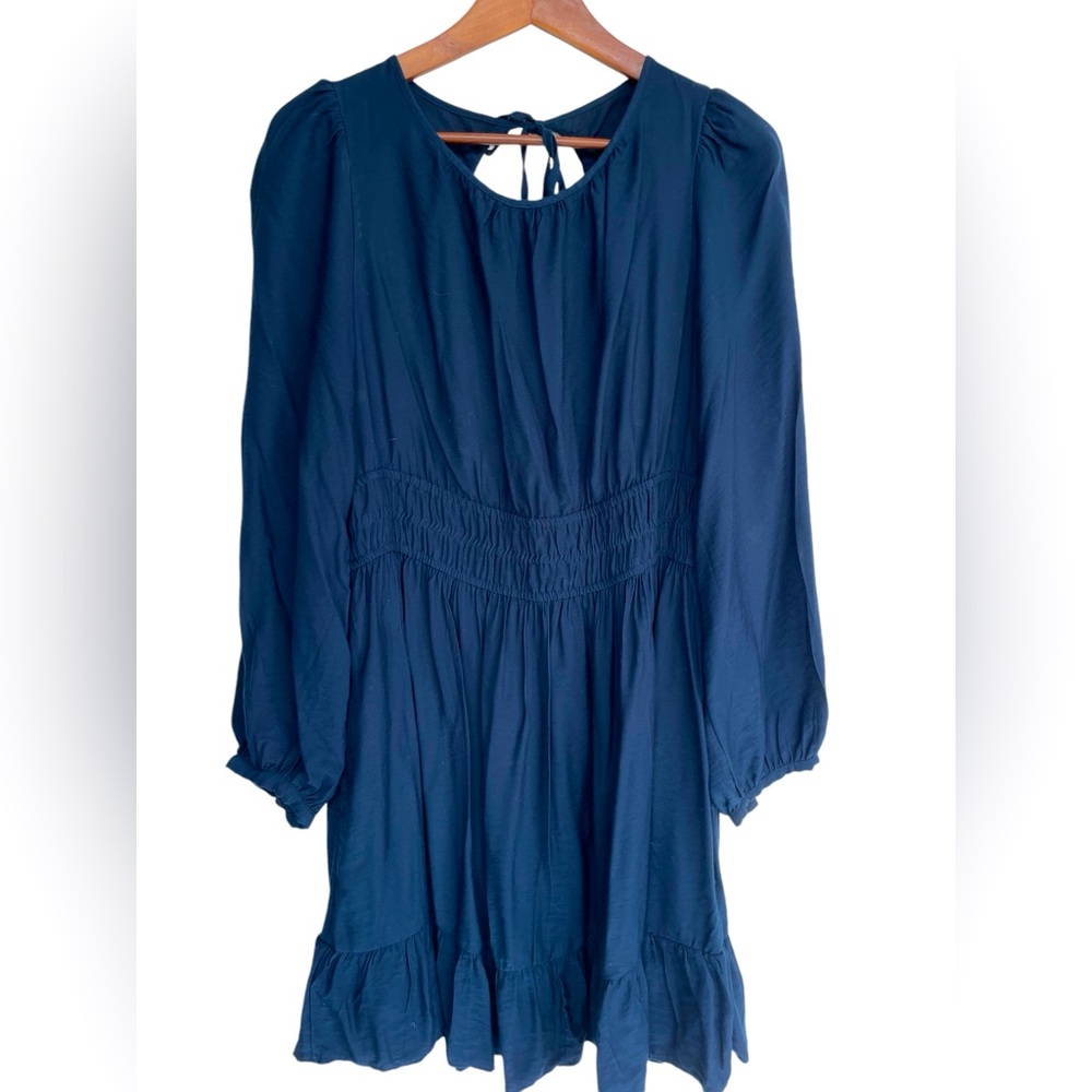 Madewell Sophia Open Back Mini Dress XL Blue Boho Long Sleeve Smocked Waist
